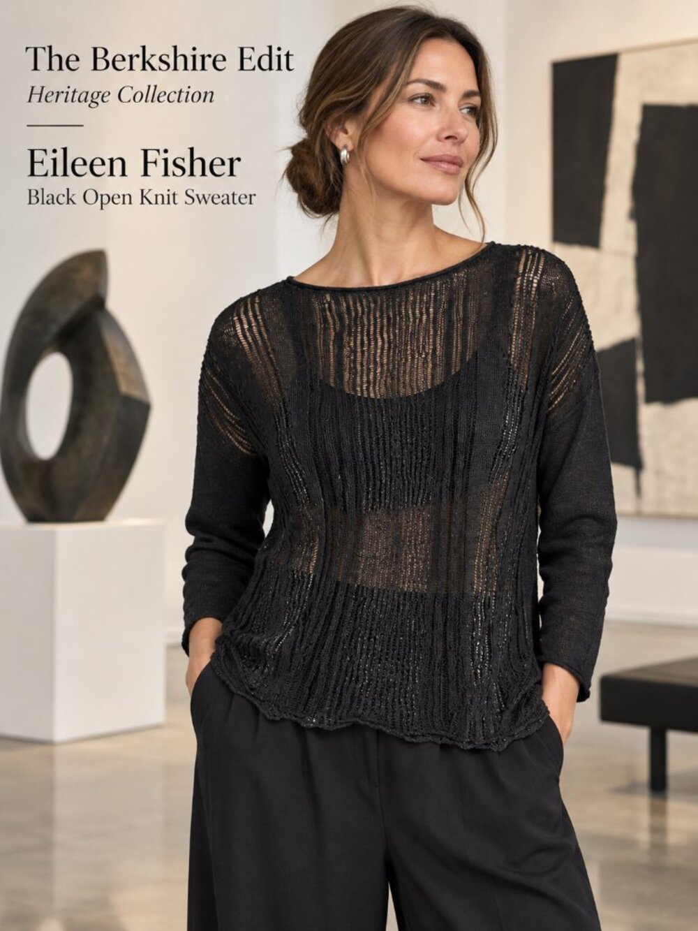 Eileen Fisher Black Open Knit Sheer Drop Shoulder Sweater Long Sleeve Relaxed S